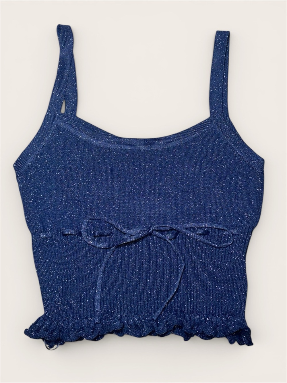 La Hearts Navy Shimmer Ribbed Top with Tie Front Size Small